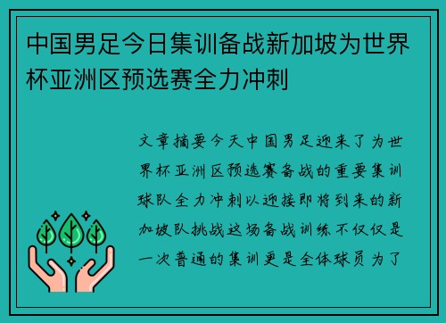 中国男足今日集训备战新加坡为世界杯亚洲区预选赛全力冲刺