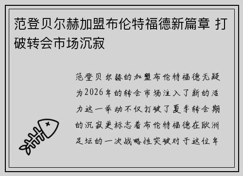 范登贝尔赫加盟布伦特福德新篇章 打破转会市场沉寂